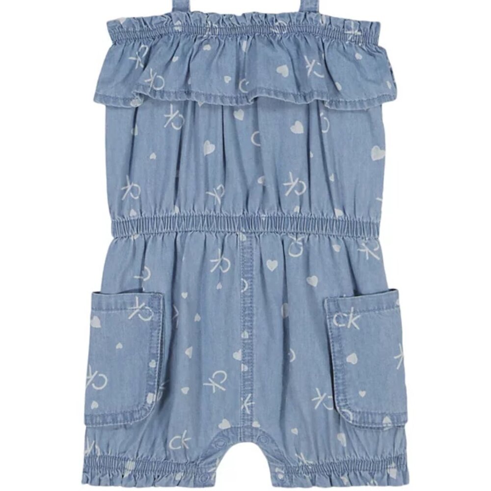 Calvin Klein Baby Girls Logo Printed Denim Romper with Patch Pockets NWT